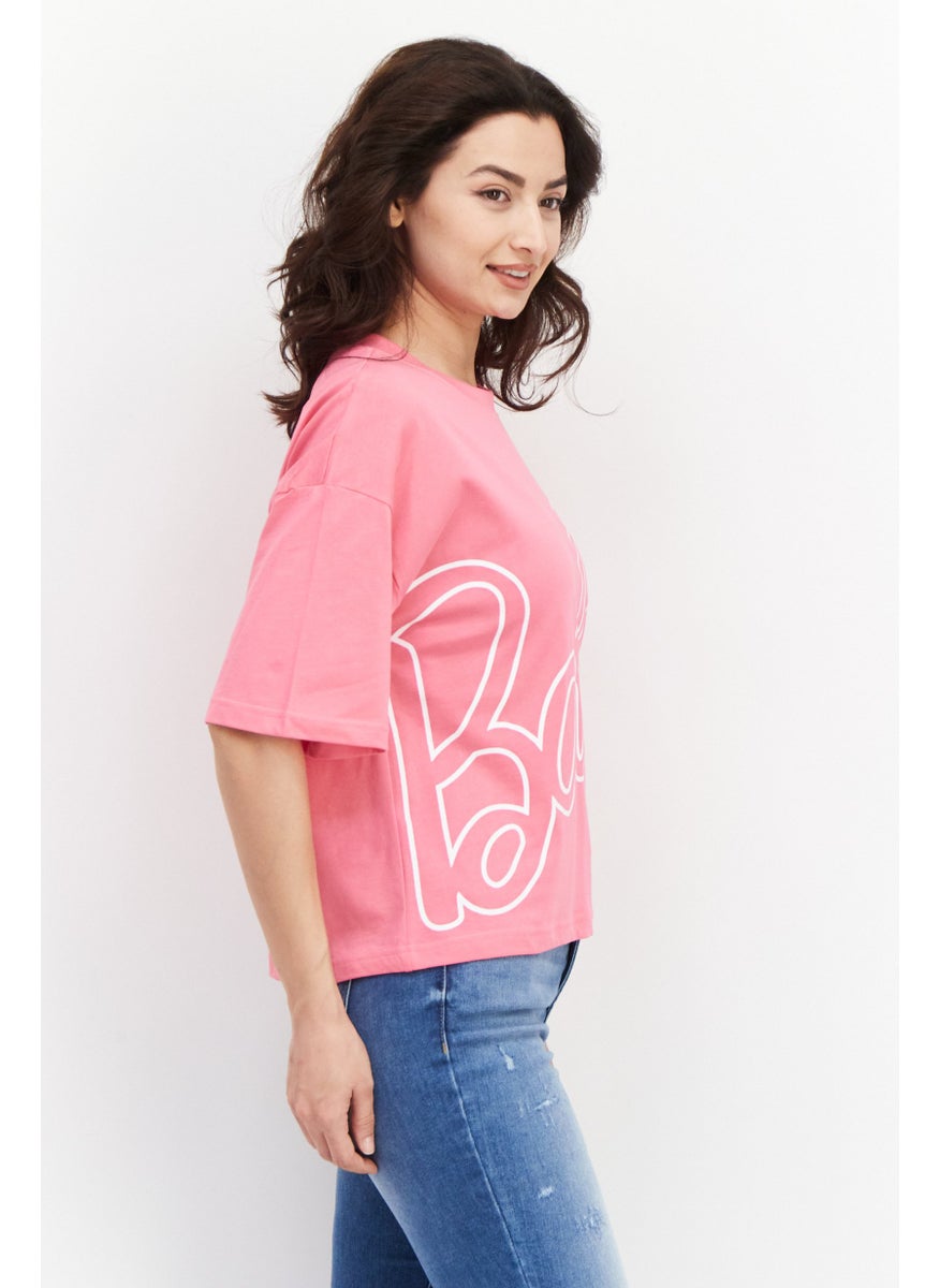 Barbie - Women Oversized Crew Neck Short Sleeve Brand Logo T-Shirt, Pink - Image 1