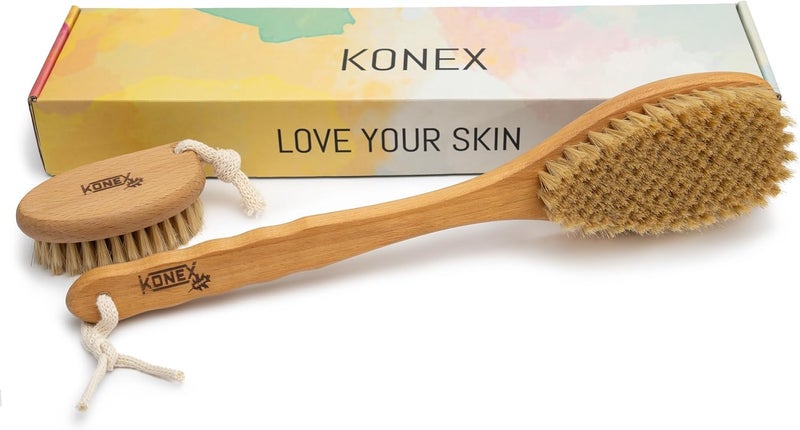 KONEX Bath Brush Set Exfoliating Shower Scrubber Dry Brushing Body Brush Set Pore Opening Beechwood Handle with Natural Bristle Large 15 Plus Small Face Brush - Image 1
