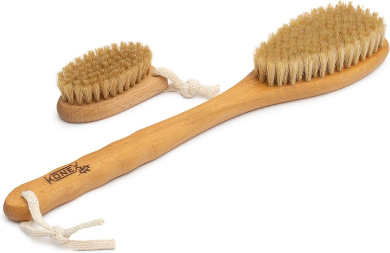 KONEX Bath Brush Set Exfoliating Shower Scrubber Dry Brushing Body Brush Set Pore Opening Beechwood Handle with Natural Bristle Large 15 Plus Small Face Brush - Image 5