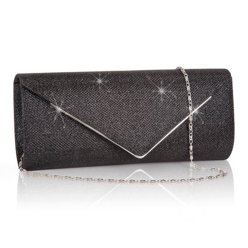 Larcenciel Larcenciel Clutch Purses for Women, Sparkling Envelope Evening Bag with Detachable Chain, Glitter Sequins Metal Formal Handbag Shoulder Crossbody Bag Prom Party Purse Bridal Wedding Clutch Bag(Black)  - Image 1