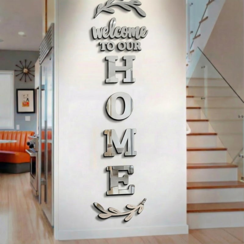 M ACHOOSE 3D Acrylic Mirror Wall Decor Home Sign for Living Room Entryway, Large Self-Adhesive Wall Letters Stickers, Modern DIY Art Mural for Above Door Decoration (Silver, 55 Ã—18 inch) - Image 1
