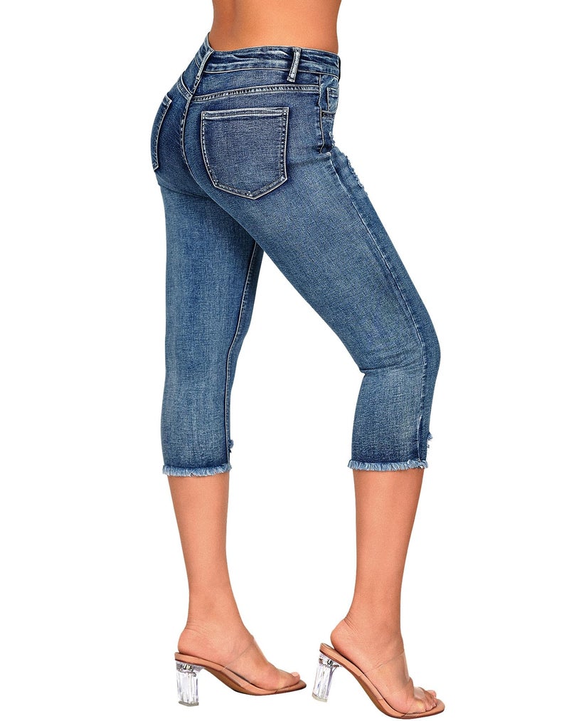 roswear Women's Capri Pants Mid Rise Skinny Ripped Stretchy Cropped Distressed Jeans Light Blue Large - Image 2