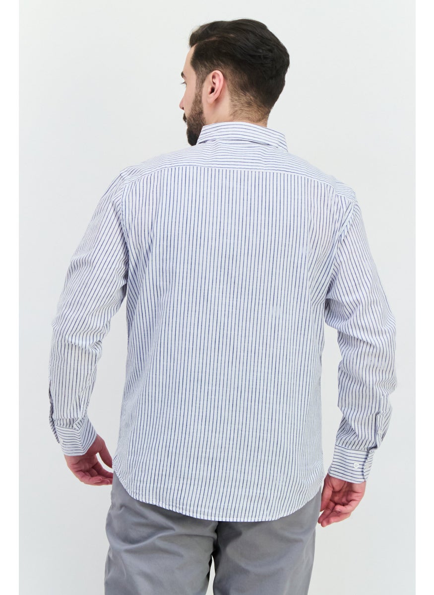 Algspar Men Regular Fit Long Sleeves Stripe Casual Shirt, White  - Image 3
