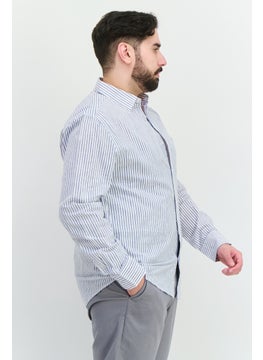 Algspar Men Regular Fit Long Sleeves Stripe Casual Shirt, White  - Image 2