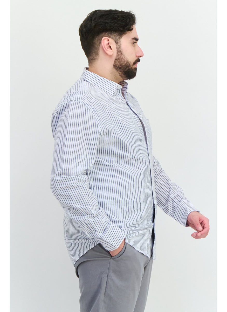 Algspar Men Regular Fit Long Sleeves Stripe Casual Shirt, White  - Image 2