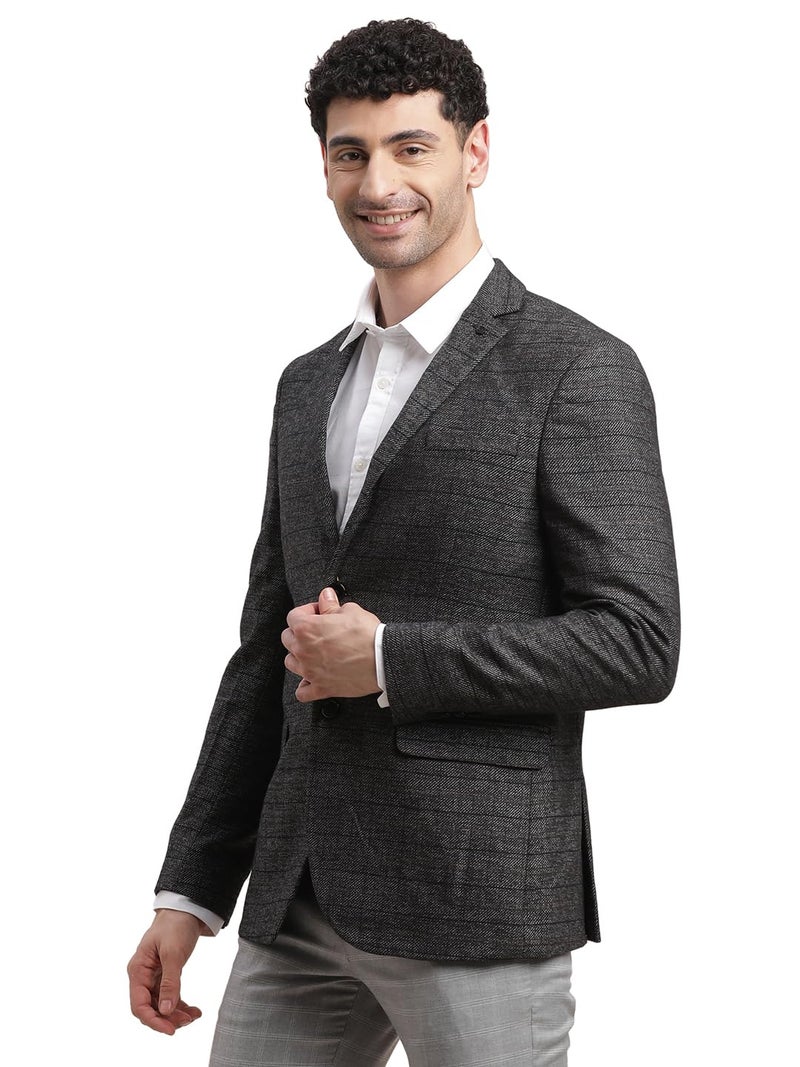 Turtle Men Knitted Notch Lapel Collar Charcoal Grey Single Breasted Casual Blazer - Image 3