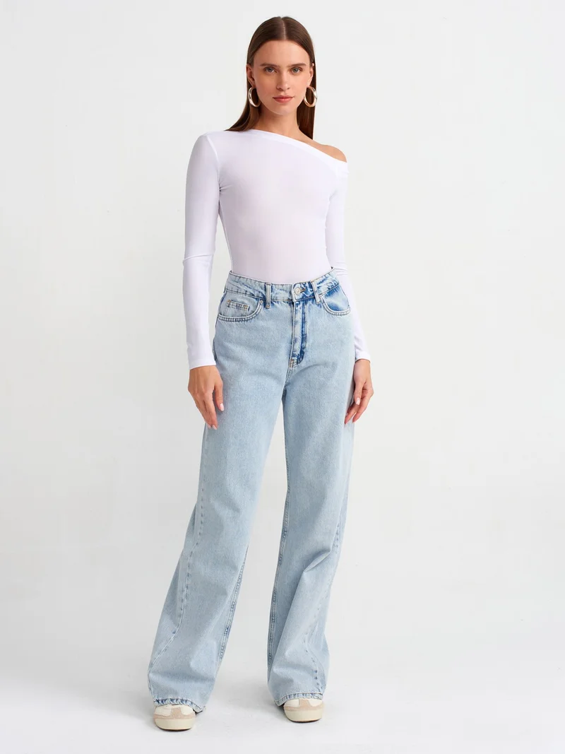 Dilvin 30475 Asymmetrical Collar Long Sleeve Top-White