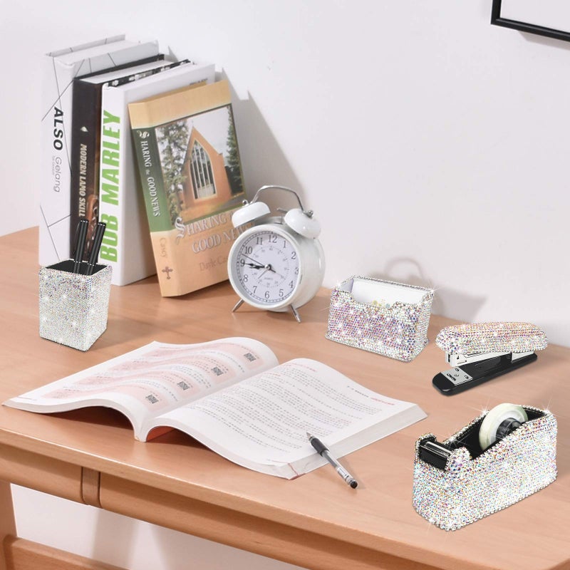 KEYPOWER Bling Crystal Luxury Handmade Diamond Square Pencil Pen Pot Holder & Stapler & Card Holder & Desktop Tape Dispenser Office Stationery Kit for Fashion Girls Women(AB Color) - Image 4