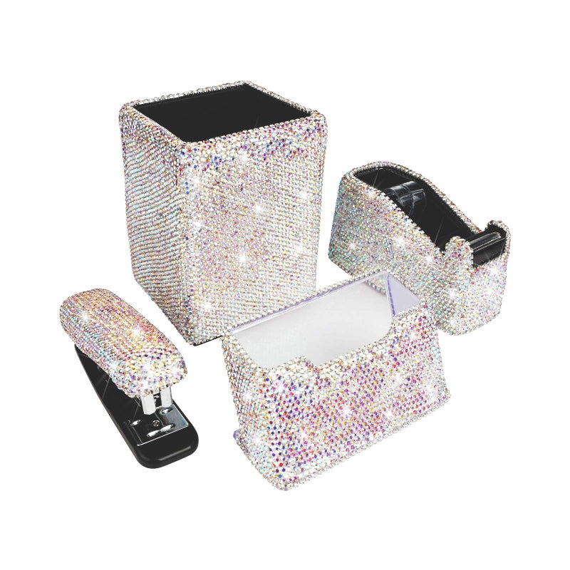 KEYPOWER Bling Crystal Luxury Handmade Diamond Square Pencil Pen Pot Holder & Stapler & Card Holder & Desktop Tape Dispenser Office Stationery Kit for Fashion Girls Women(AB Color) - Image 1