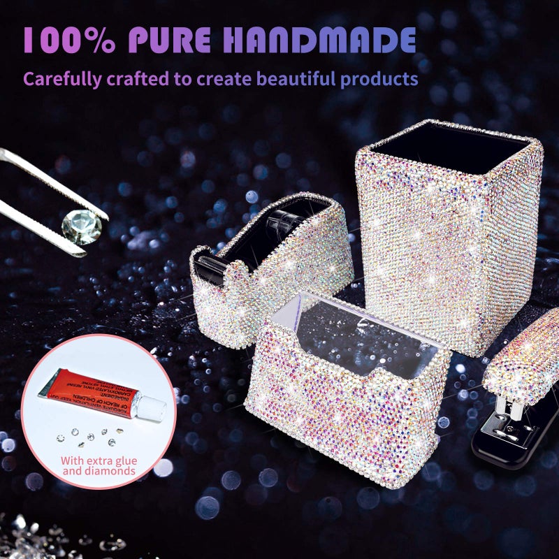 KEYPOWER Bling Crystal Luxury Handmade Diamond Square Pencil Pen Pot Holder & Stapler & Card Holder & Desktop Tape Dispenser Office Stationery Kit for Fashion Girls Women(AB Color) - Image 2