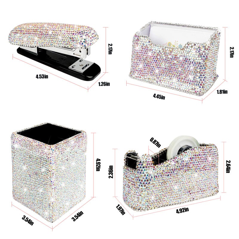 KEYPOWER Bling Crystal Luxury Handmade Diamond Square Pencil Pen Pot Holder & Stapler & Card Holder & Desktop Tape Dispenser Office Stationery Kit for Fashion Girls Women(AB Color) - Image 3