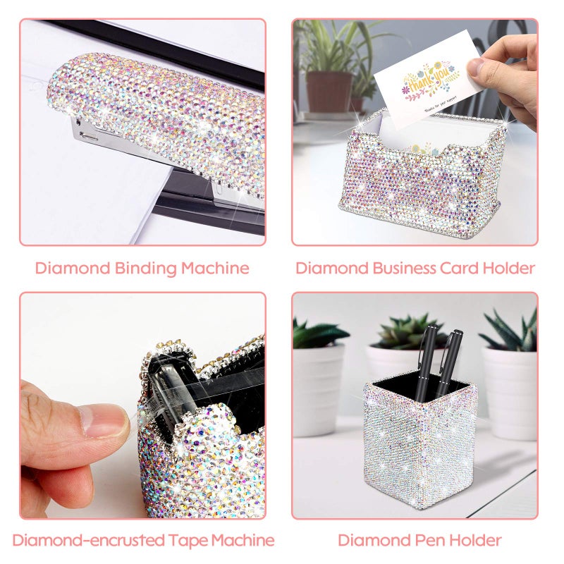 KEYPOWER Bling Crystal Luxury Handmade Diamond Square Pencil Pen Pot Holder & Stapler & Card Holder & Desktop Tape Dispenser Office Stationery Kit for Fashion Girls Women(AB Color) - Image 5