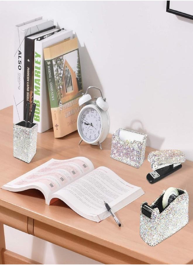 KEYPOWER - Bling Crystal Luxury Handmade Diamond Pencil Pen Pot Holder & Stapler & Card Holder & Desktop Tape Dispenser Office Stationery Kit for Fashion Girls Women (AB Square) - Image 1