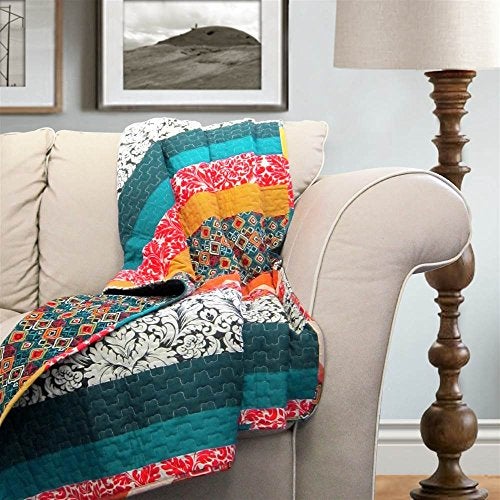 Lush Decor Boho Stripe Reversible Cotton Throw Blanket, 50" W x 60" L, Turquoise & Tangerine - Striped Throw Blankets for Bed - Couch Blanket - Boho Throw Blanket for Couch - Image 4