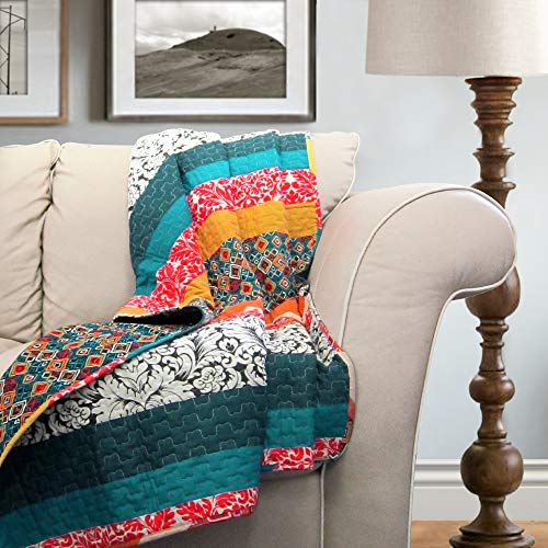 Lush Decor Boho Stripe Reversible Cotton Throw Blanket, 50" W x 60" L, Turquoise & Tangerine - Striped Throw Blankets for Bed - Couch Blanket - Boho Throw Blanket for Couch - Image 2