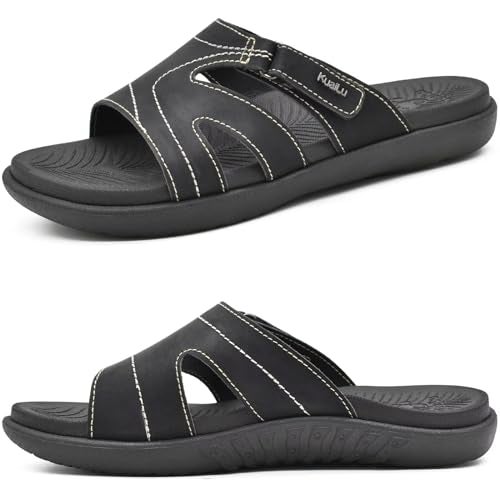 KuaiLu Womens Fashion Orthotic Slides Ladies Lightweight Athletic Yoga Mat Walking Sandals Slip On Thick Cushion Recovery Slippers Sandles Comfortable Plantar Fasciitis Arch Support Black Size 7.5 - Image 1