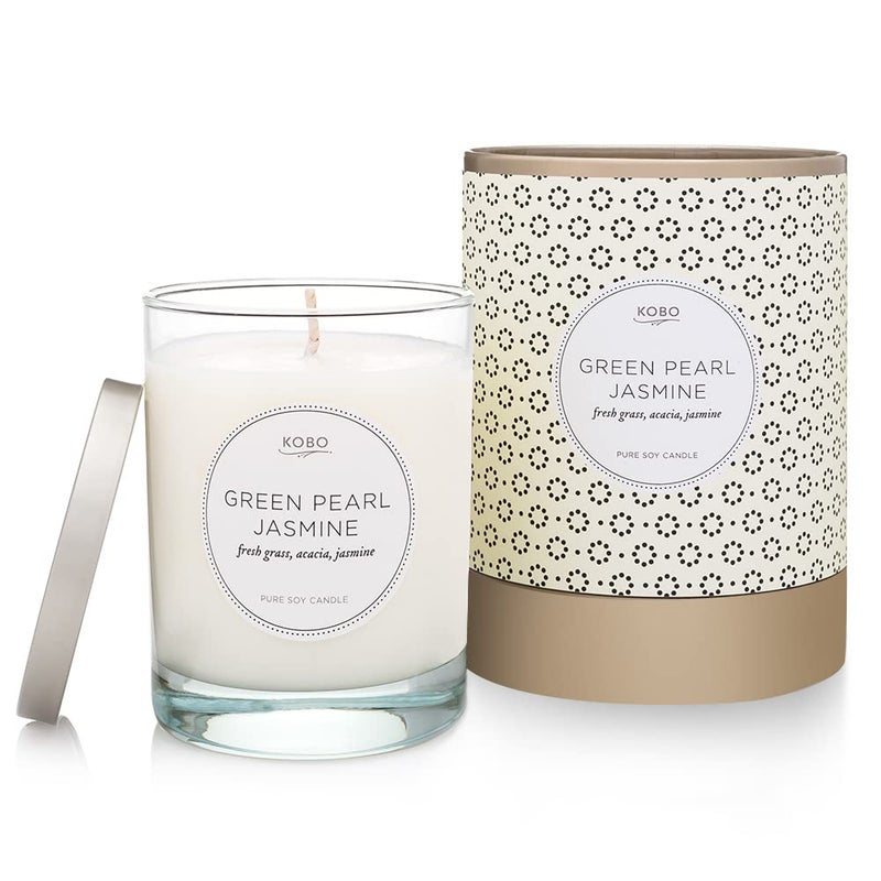 KOBO Green Pearl Jasmine Candle 11 oz 100 Pure Soy Candle All Natural Scented Candle HandPoured in USA 80 Hour Long Burning Candles Scented Candles for Home