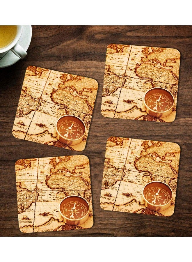 ASHVAH Map Print/Typography Tea/Coffee Mug/Designer Handmade Wooden Coaster Set for Home Kitchen, Office Desk - Set of 4 - Square: 10cm - Image 1