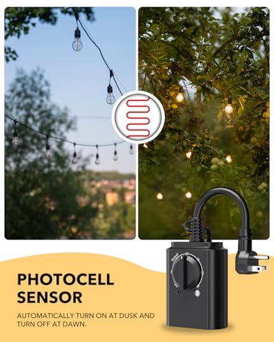 BN-LINK Outdoor Light Timer with Dusk to Dawn Sensor, Weatherproof Dual Grounded Outlets for Christmas/Halloween Decorations, 15A 1/2HP ETL Listed - Image 3