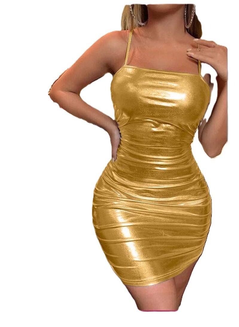 Imported Faux Leather Bodycon Mini Dress for Women Sexy Sleeveless Party Dress Backless Clubwear Fashion Dress Stretch Slim Fit Night Out Dress Elegant Shiny Mini Dress Free Size Up to 65 KG - Image 1