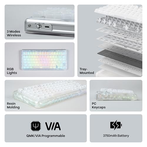 KiiBoom Jade75 75% Resin Molding Mechanical Keyboard, BT5.0/USB-C/2.4GHz Wireless Gaming Keyboard, QMK&VIA Programmable, RGB Backlits, Hot-Swappable, CNC+UV Case for Windows/Mac/Linux (White) - Image 3