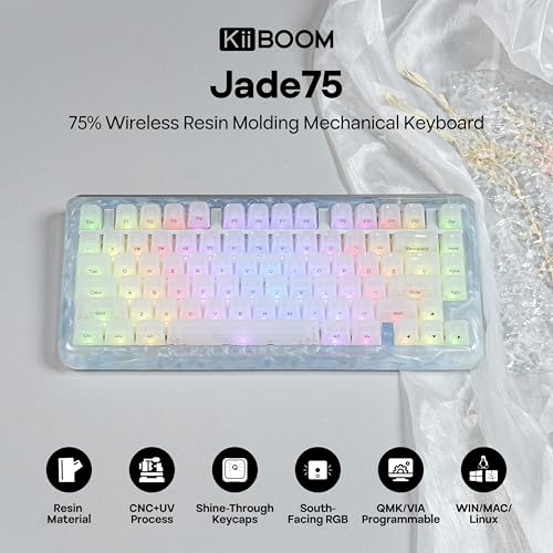 KiiBoom Jade75 75% Resin Molding Mechanical Keyboard, BT5.0/USB-C/2.4GHz Wireless Gaming Keyboard, QMK&VIA Programmable, RGB Backlits, Hot-Swappable, CNC+UV Case for Windows/Mac/Linux (White) - Image 2