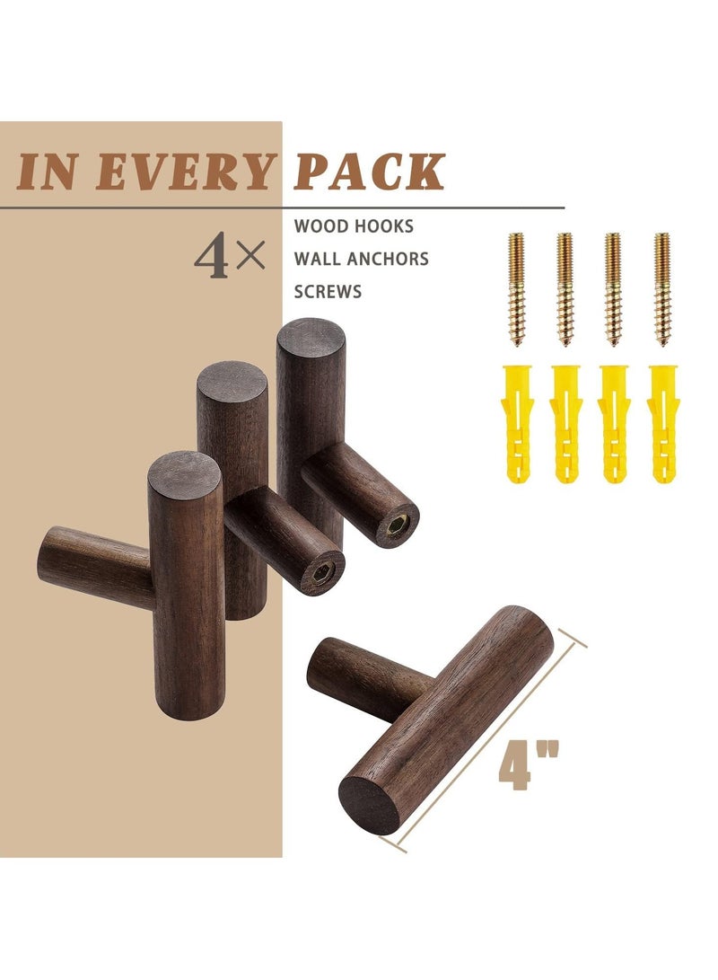 4Pack Walnut Coat Hooks, Wall Mounted Pegs Wooden Organizer Hangers Vintage Single Hooks Natural Wood Hangers Rustic Wall Pegs Minimalist Hook Design for Hanging Hat, Towel, Bag, Rope  - Image 5