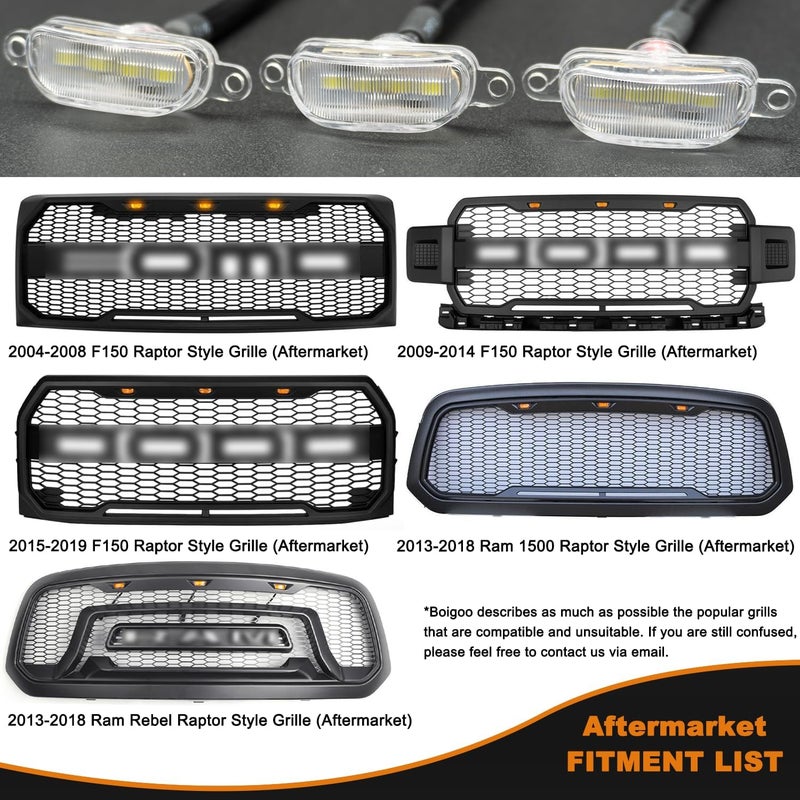 Boigoo Front Grilles Marker Lights 3PCS 4LED Compatible with Dodge Ram 1500 2013-2018 & Ford F-150 Raptor 2004-2019, Decorative Cars Grid Grilles (White - White Lens) - Image 5