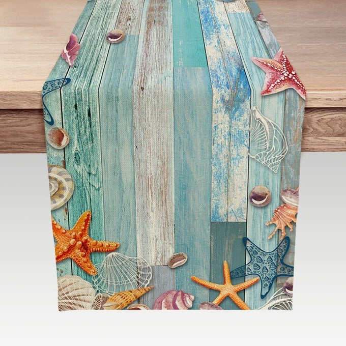 BEACH TABLE RUNNER SUMMER OCEAN BEACH SEASHELL STARFISH TABLE RUNNER FOR KITCHEN COASTAL NAUTICAL LINEN NONSLIP DINING TABLE RUNNERS FOR FAMILY DINNERWEDDINGOUTDOOR INDOOR PARTY