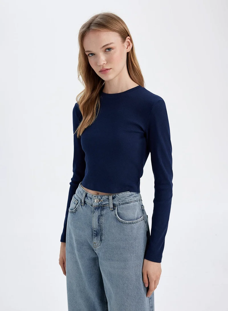 DeFacto Fitted Crew Neck Ribbed Basic Plain Long Sleeve T-Shirt