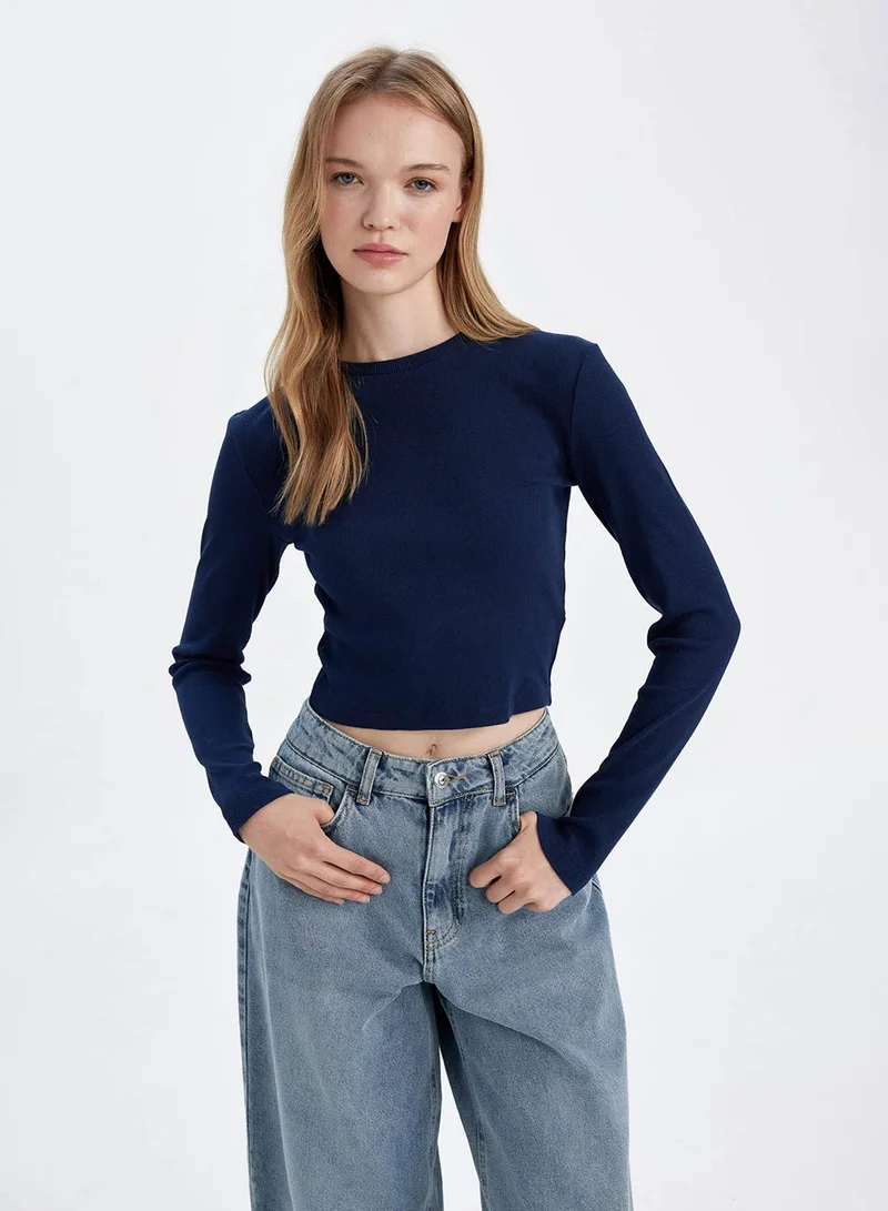DeFacto Fitted Crew Neck Ribbed Basic Plain Long Sleeve T-Shirt