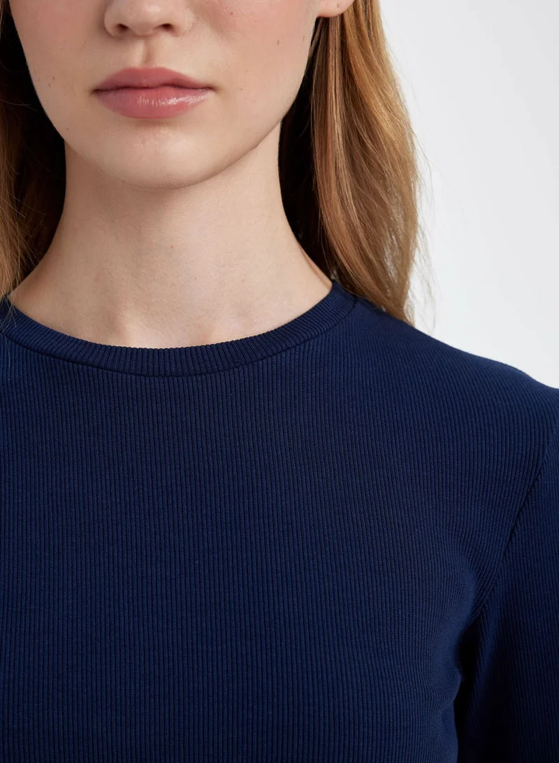 DeFacto Fitted Crew Neck Ribbed Basic Plain Long Sleeve T-Shirt