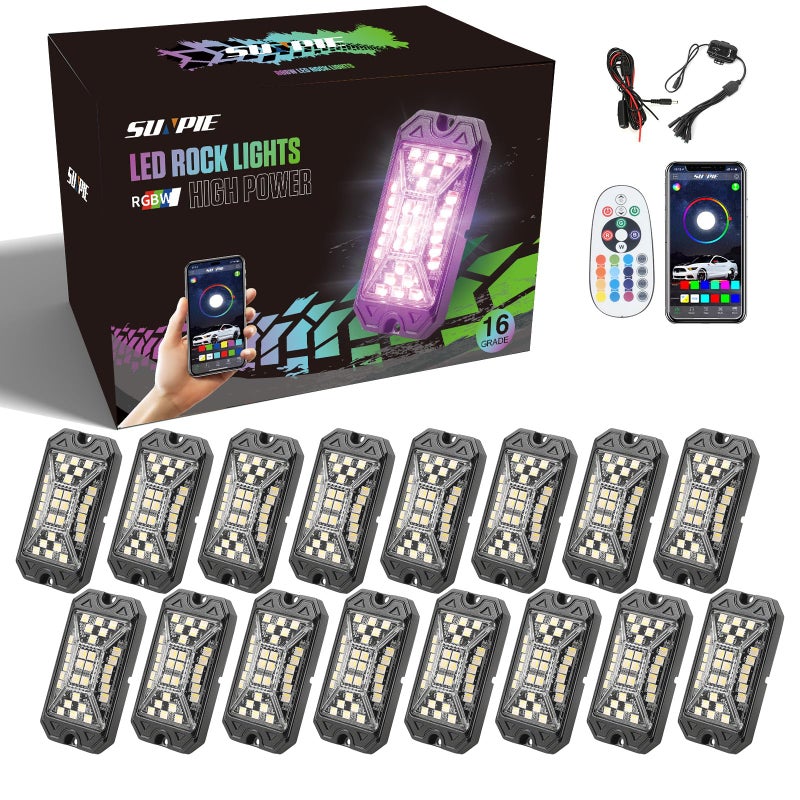 SUNPIE 16 Pods RGBW Rock Lights Full Beam Angle 30 High Power Chips Aluminium Housing Mounting Pads Included IP67 Waterproof Music Mode Underglow Lights Fits Trucks SUV ATV UTV Boats