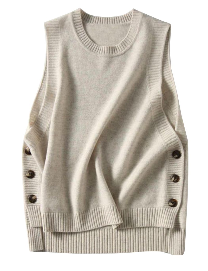 HangNiFang Women's Round Neck Sleeveless Pullover Ribbed Knit Sweater Vest Top (0199-BeigeX1-L) - Image 2