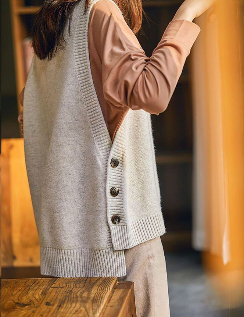 HangNiFang Women's Round Neck Sleeveless Pullover Ribbed Knit Sweater Vest Top (0199-BeigeX1-L) - Image 4
