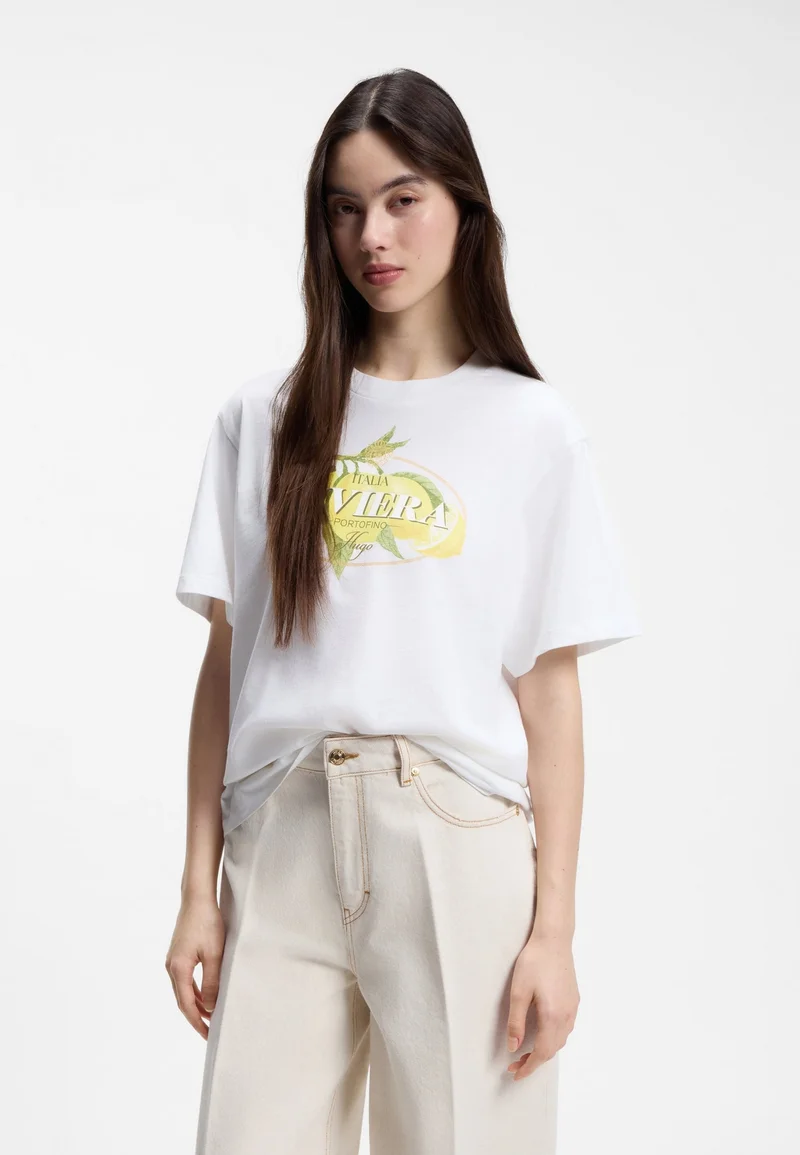 HUGO White Cotton-jersey T-shirt with logo artwork for Women | Best Price UAE