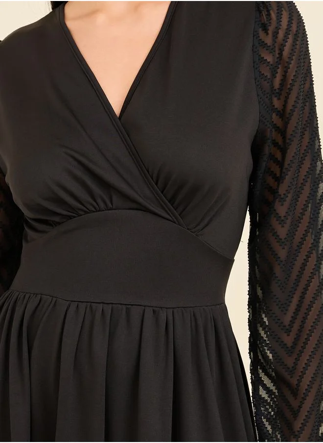 Styli Zig Zag Texture Sleeves A-Line Midi Dress