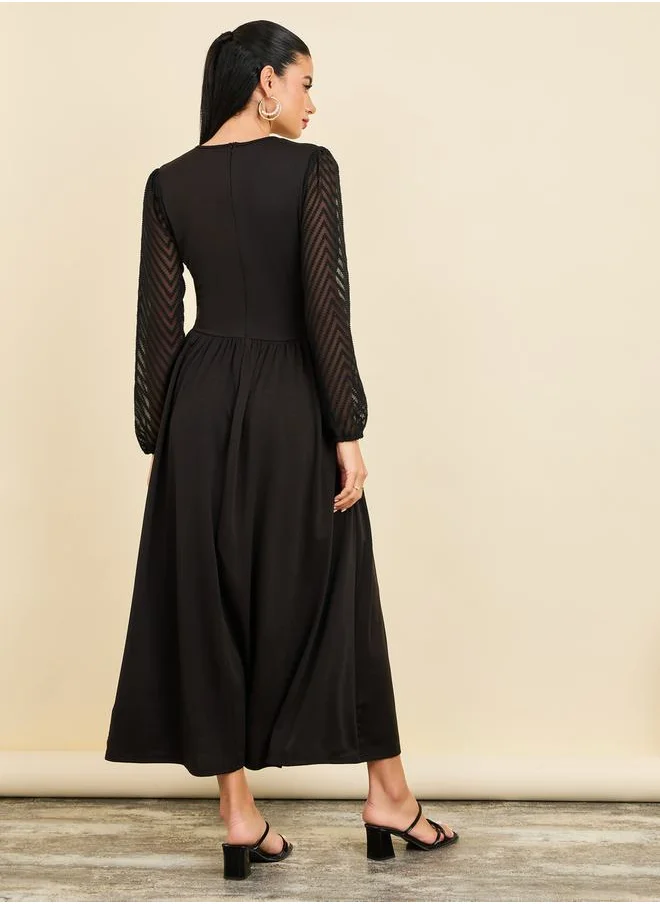 Styli Zig Zag Texture Sleeves A-Line Midi Dress