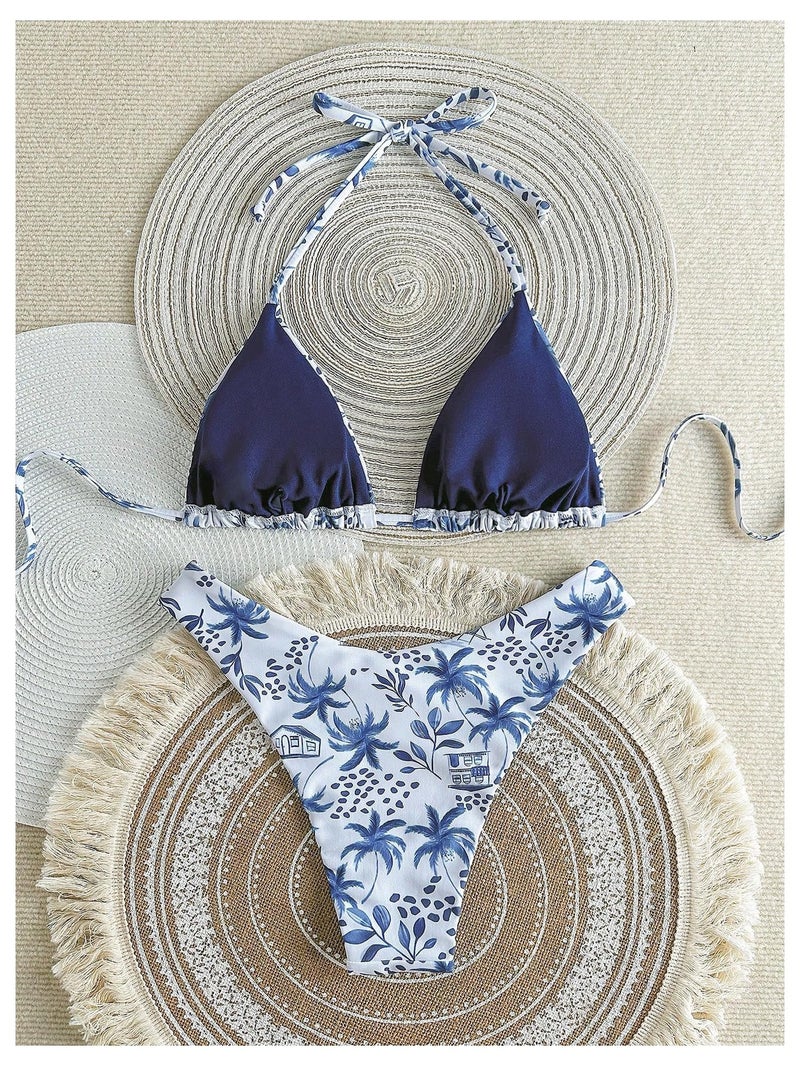 MakeMeChic Women's Polka Dots Triangle Thong Bikini Sets Floral Cute Bathing Suit Swimsuits Blue White Medium - Image 4