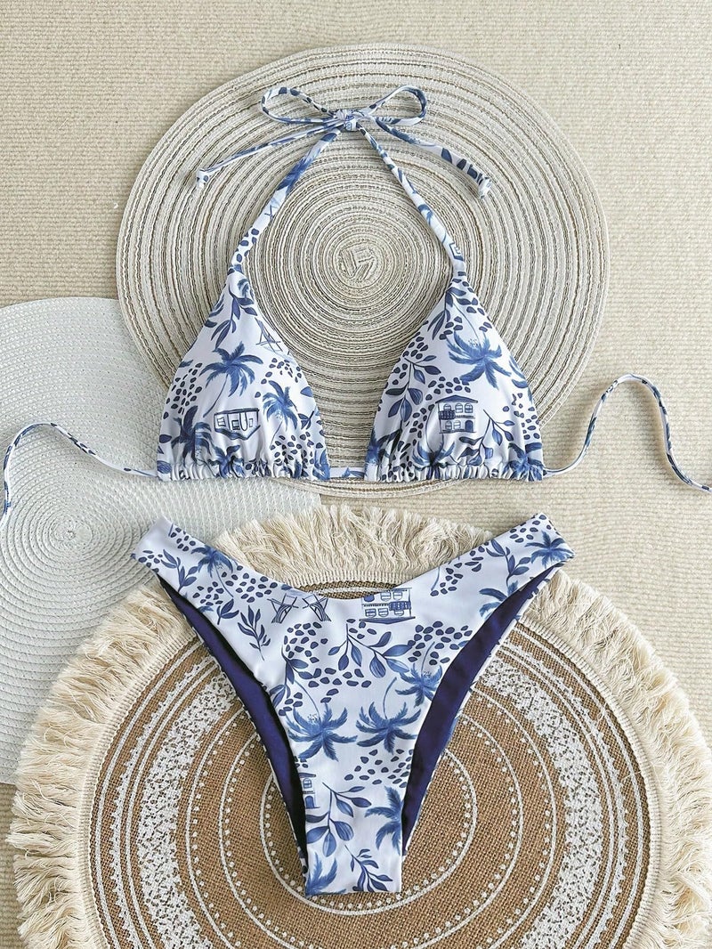 MakeMeChic Women's Polka Dots Triangle Thong Bikini Sets Floral Cute Bathing Suit Swimsuits Blue White Medium - Image 3