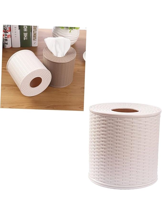 Round Rattan Tissue Box Holder Beige Size 1 Bathroom Office Living Room Storage - Image 1