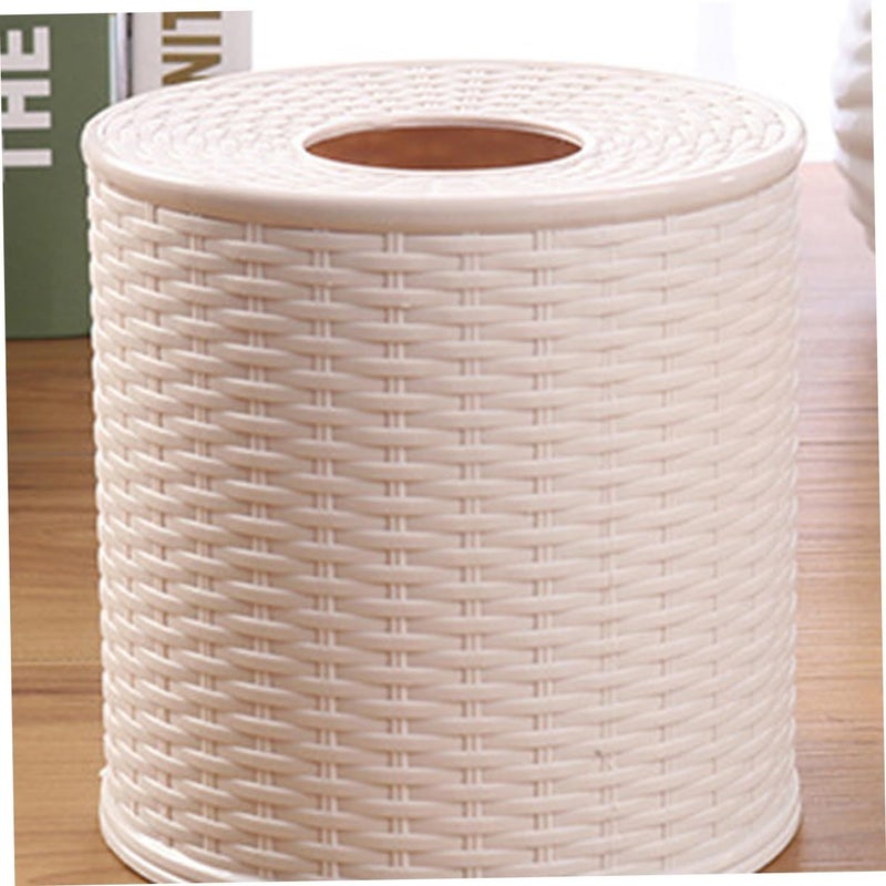 Round Rattan Tissue Box Holder Beige Size 1 Bathroom Office Living Room Storage - Image 5