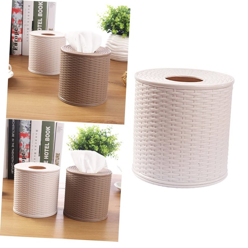 Round Rattan Tissue Box Holder Beige Size 1 Bathroom Office Living Room Storage - Image 3