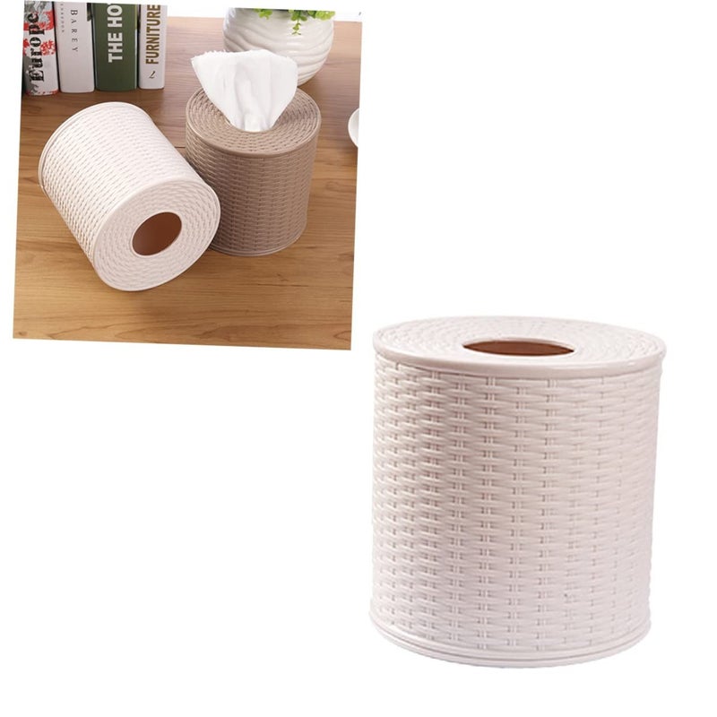 Round Rattan Tissue Box Holder Beige Size 1 Bathroom Office Living Room Storage - Image 2