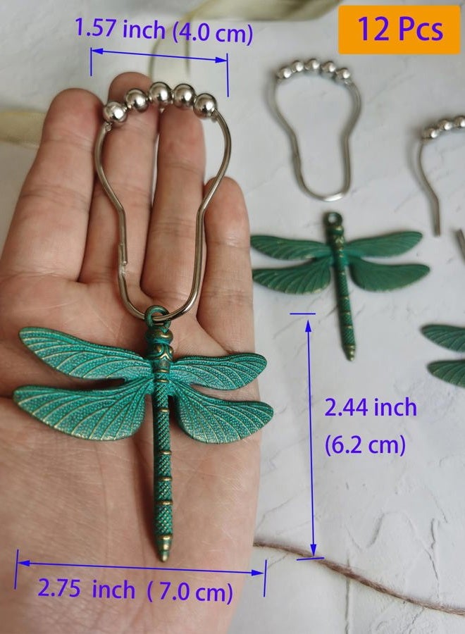 Aimoye Dragonfly Bathroom Shower Curtain Hooks - Rust Proof Brushed Nickel Rings with Dragonfly Pendant Accessories Set Decorate Bath Room with Natural, Forest, Garden, Country Theme, 12PCS (Green) - Image 3
