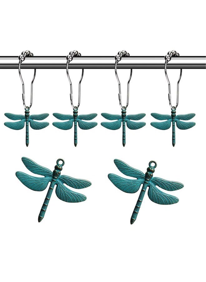 Aimoye Dragonfly Bathroom Shower Curtain Hooks - Rust Proof Brushed Nickel Rings with Dragonfly Pendant Accessories Set Decorate Bath Room with Natural, Forest, Garden, Country Theme, 12PCS (Green) - Image 1