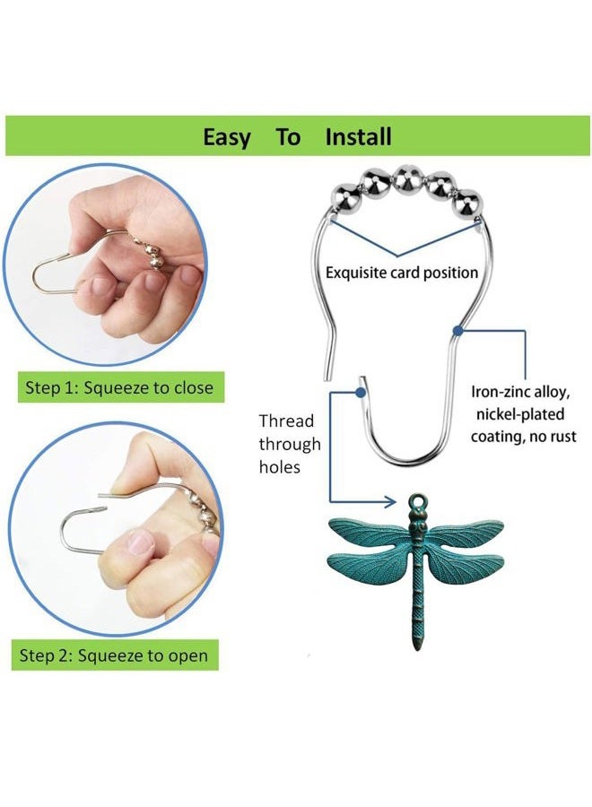 Aimoye Dragonfly Bathroom Shower Curtain Hooks - Rust Proof Brushed Nickel Rings with Dragonfly Pendant Accessories Set Decorate Bath Room with Natural, Forest, Garden, Country Theme, 12PCS (Green) - Image 4