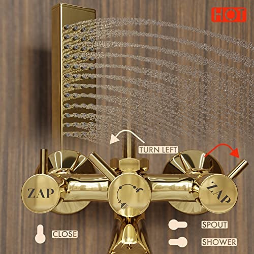 ZAP Elixir Gold Series 2 in 1 Wall Mixer Tap with Crutch & Hand Shower | Brass Bathroom Fitting | Premium Gold Finish | 1.5m Stainless Steel Hose Pipe Included | Wall Mounted Faucet - Image 4