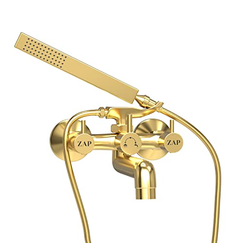 ZAP Elixir Gold Series 2 in 1 Wall Mixer Tap with Crutch & Hand Shower | Brass Bathroom Fitting | Premium Gold Finish | 1.5m Stainless Steel Hose Pipe Included | Wall Mounted Faucet - Image 1