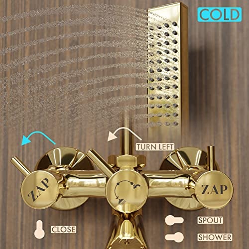 ZAP Elixir Gold Series 2 in 1 Wall Mixer Tap with Crutch & Hand Shower | Brass Bathroom Fitting | Premium Gold Finish | 1.5m Stainless Steel Hose Pipe Included | Wall Mounted Faucet - Image 3